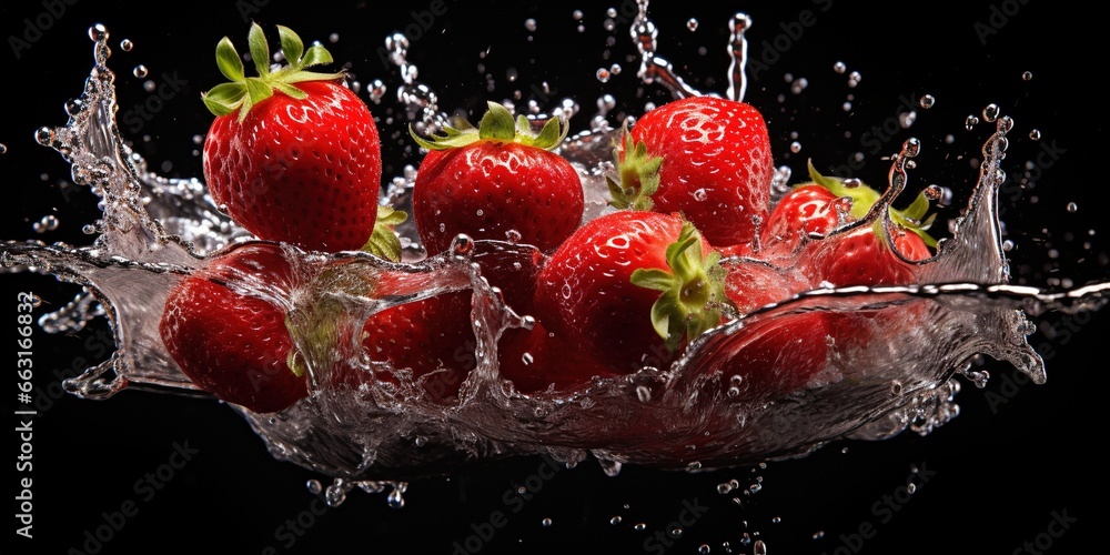 Poster a group of strawberries splashing into water on a black background with a splash of water on the top