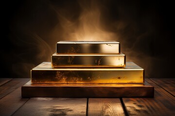 Golden podium. Podium for presenting a product in the form of gold bars. Smoke background