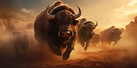 Dekokissen A Herd of buffalos stampedes across a barren landscape, a cloud of dust trailing behind them © Coosh448