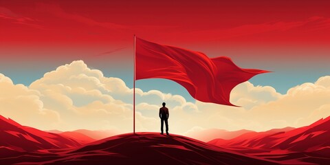 A man standing on top with red flag. Leadership concept. Illustration for banner, poster, cover, brochure or presentation.