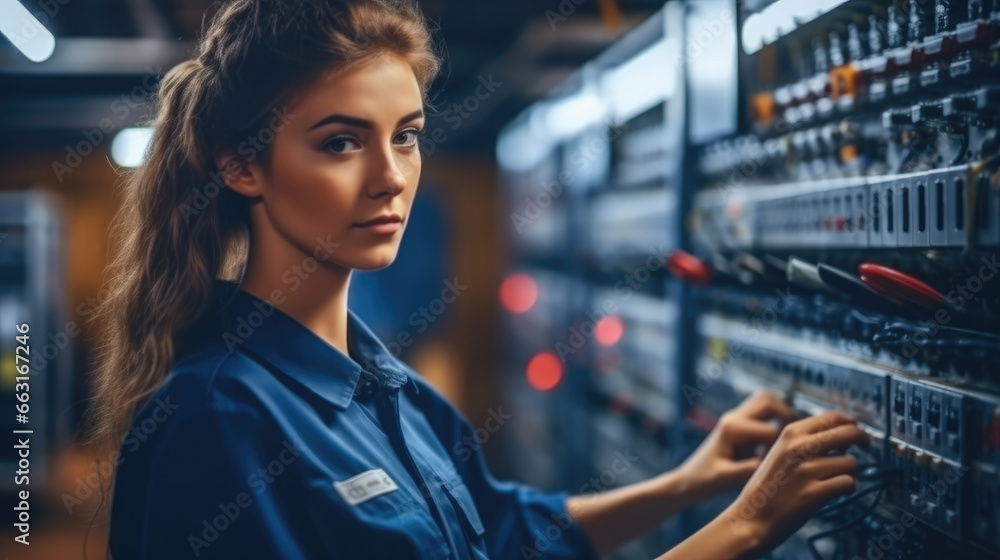 Poster professional engineer woman is checking and maintenance machine in factory, quality control.