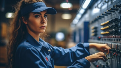 Professional engineer woman is checking and maintenance machine in factory, Quality control.