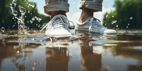 A person wearing white sneakers standing in water. - obrazy, fototapety, plakaty