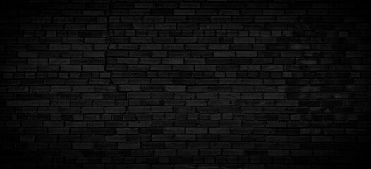 Abstract Black old cracks brick wall texture for pattern background. wide panorama picture. Black wall texture rough background dark concrete old grunge background black, template page web banner