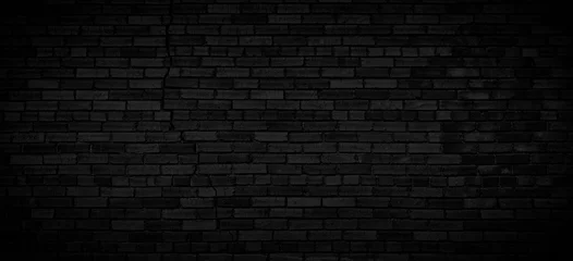 Foto op Plexiglas Abstract Black old cracks brick wall texture for pattern background. wide panorama picture. Black wall texture rough background dark concrete old grunge background black, template page web banner © Aleksandr Matveev