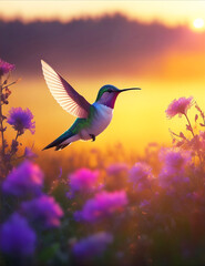 Obraz premium A hummingbird feeding on honey from a flower Vibrant color background, AI Generated.