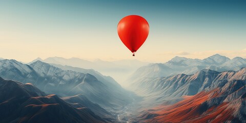 A red balloon flying over a mountain range in the sky.