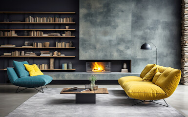 Loft home interior design of modern living room. Vibrant yellow sofa and blue lounge chair by fireplace in concrete tile wall with shelves.