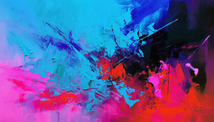 Abstract oil painting, neon red, pink, blue brush strokes background, wallpaper, paint texture, bold art, expressive artwork, fine realistic detail, modern style, evoking vibrant emotions, feelings