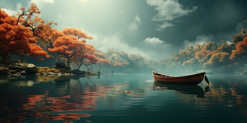 A small boat floating on top of a lake.