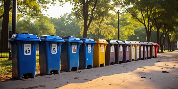 A shot of a row of recycling bins in a well - maintained city park