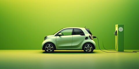 A white electric vehicle plugged into a power outlet against a green background - obrazy, fototapety, plakaty