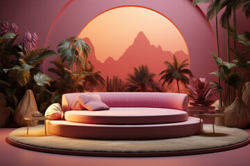 rooms with blue, yellow and pink furniture and circular mirrors