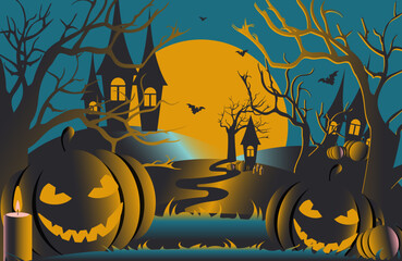 Fototapeta premium Halloween. Modern international spooky holiday All Saints' Day with scary pumpkins at night. Vector.