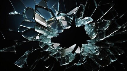 Broken glass on black background. Glass fragments. Shards of glass.