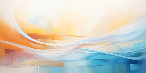 An abstract painting with pastel colors on a white background with a blue and yellow stripe in the...