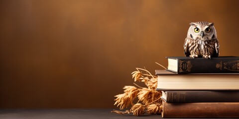 An owl sits on a stack of books on a brownbackground. Banner, place for text.