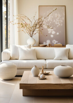 Japanese style home interior design of modern living room. Rustic coffee table near white sofa.