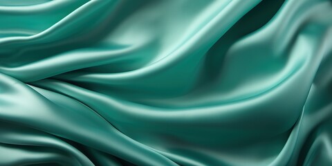 Beautiful light green blue silk satin surface. Soft folds on shiny fabric. Luxury teal background with space for text, design. Web banner. Flat lay table. Top view. Birthday, Christmas, Valentine