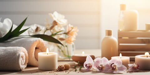 Obraz na płótnie Canvas Beautiful spa treatment composition such as Towels, candles, essential oils, Massage Stones on light wooden background. blur living room, natural creams and moisturising Healthy lifestyle
