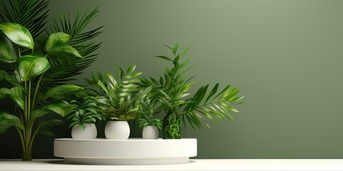 Beautiful white empty podium green plants background mockup product design