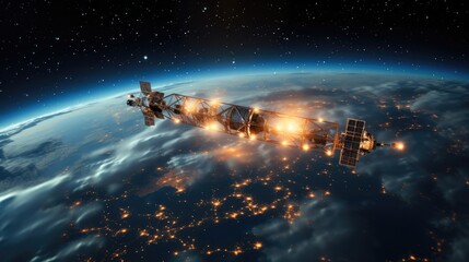 Global Communications, Satellites facilitate global information exchange on a network encompassing Earth. - obrazy, fototapety, plakaty