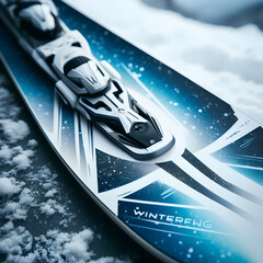 A close-up view of skis in winter, revealing the frosty details on the surface