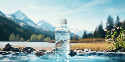 Bottle and glass of pouring crystal water against blurred nature snow mountain landscape background. Organic pure natural water. Healthy refreshing drink. - obrazy, fototapety, plakaty