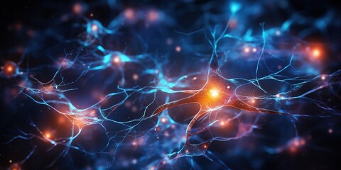 Brain stimulation activity with neuron close - up microscpoe illustration. Neurology, cognition, neuronal network, psychology, neuroscience scientific concepts