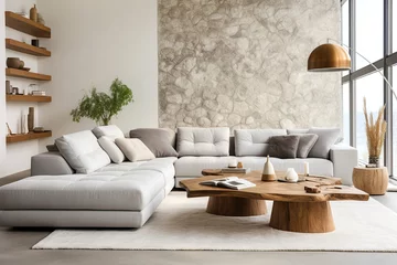Poster Minimalist home interior design of modern living room. Live edge accent coffee table near grey fabric corner sofa against stone cladding wall. © Vadim Andrushchenko