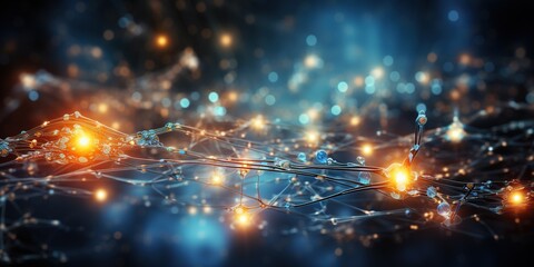 Brain stimulation activity with neuron close - up microscpoe illustration. Neurology, cognition, neuronal network, psychology, neuroscience scientific concepts