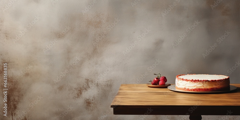Poster cake in minimalist style on an empty table against the wall.