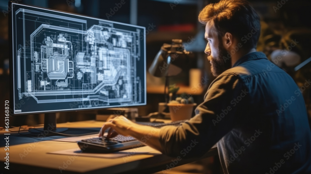 Aufkleber Engineer working with CAD software on desktop computer at factory.