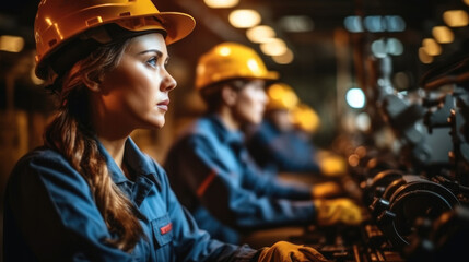 Fototapeta premium Engineer woman with team full skill quality for maintenance are working in industry factory.