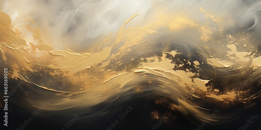 Wall mural Closeup of abstract rough gold black art painting texture, with oil acrylic brushstroke, pallet knife paint on canvas