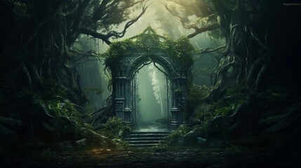 Archway in an enchanted fairy forest landscape, misty dark mood, can be used as background AI...