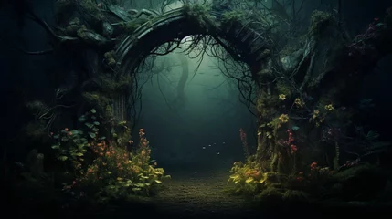 Fototapeten Archway in an enchanted fairy forest landscape, misty dark mood, can be used as background.  AI Generated © Abbassi