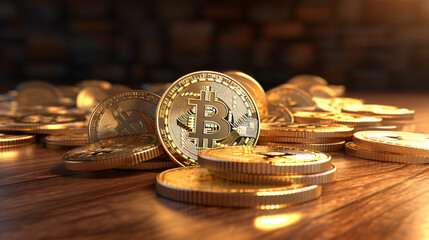 A Lot Of Bitcoin Crypto currency Gold Bitcoin BTC Bit Coin. Close up shot of Bitcoin coins isolated on black background Blockchain technology, bitcoin mining concept. 3d rendering - Ai