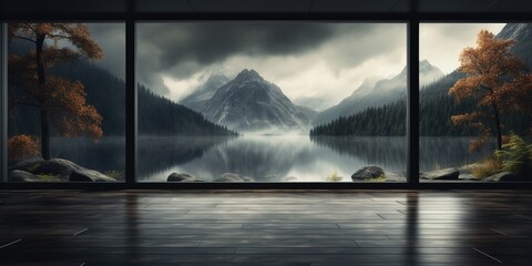 Dark empty modern room with beautiful landscape in the window