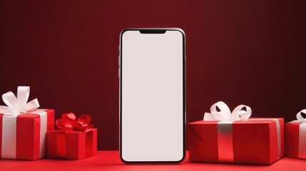 3 d rendering, christmas gift screen, phone with red ribbon.