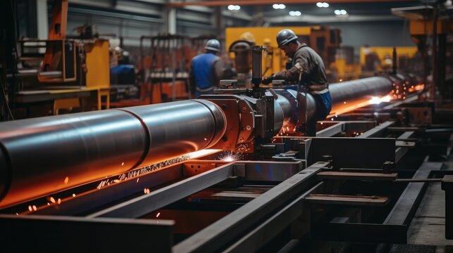 Steel pipe internal seam welding by longitudinal tack welding machine in heavy industrial plants.