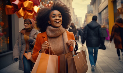 Joyful excited happy African American woman shopping with multiple colorful bags - obrazy, fototapety, plakaty