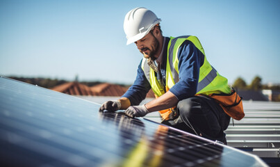 Man worker installing solar photovoltaic panels on roof