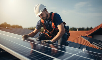 Man worker installing solar photovoltaic panels on roof