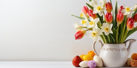 Easter still life with multicolored tulips in a jug and white eggs on white background with copy space. Preparing for Easter. Spring holiday mood.