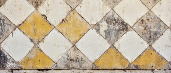 Old yellow white rusty vintage worn shabby patchwork lozenge diamond rue motif tiles stone concrete cement wall texture background banner