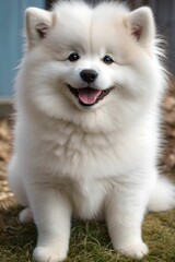 A cute white Samoed photo. Various smiling images of dogs. Generative AI