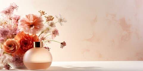 Empty perfume bottle mockup on light background with different flowers for cosmetic branding.