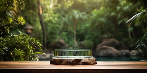 Empty round glass podium on wooden table opposite beautiful tropical landscape background with waterfall. Scene stage showcase for beauty and spa products, cosmetics, promotion sale or advertising - Powered by Adobe