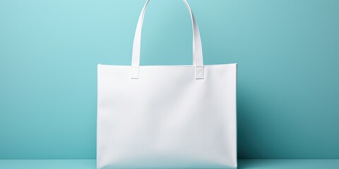 Empty white tote bag mockup isolated on cyan light blue background, blank realistic sopping sac sample cut out concept for design, studio shot